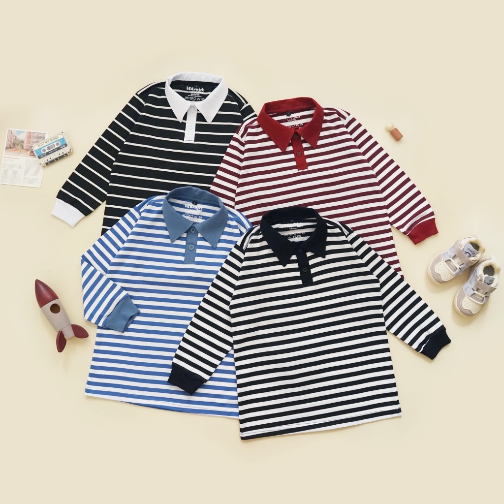 KATUN TEESHIRT-Rugby Wangky Polo Striped Shirt สําหรับผู้หญิง เด็ก & ผู้ใหญ่ แขนยาว ลายทาง วัสดุผ้าฝ