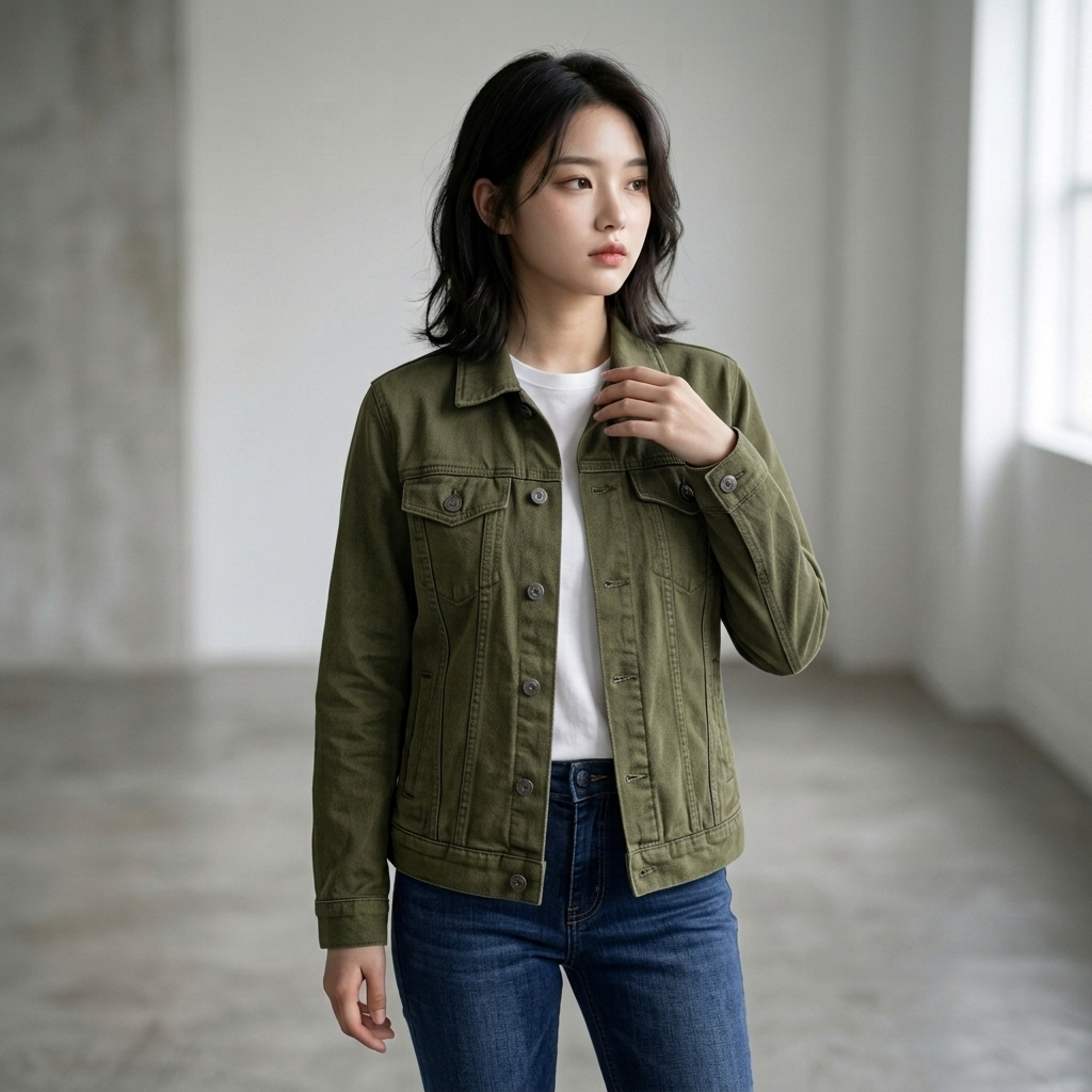HIJAU Army Green Womens Jacket แจ็คเก็ตยีนส์ขนาดใหญ่ - Wash Denim Jeans Jacket วัสดุหนาเหมาะกับ 80-9