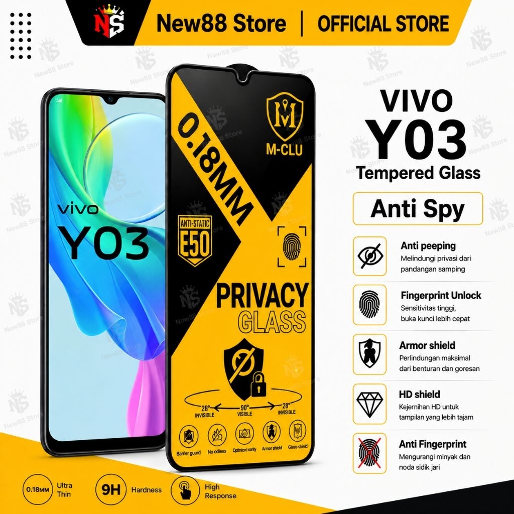 NEW88 - กระจกนิรภัย ESD Anti Spy 0.18 มม.Vivo Y05 Y04s Y04 Y03t Y03 2024 Y02t Y02s Y02 Y01 Y9S Y7S Y