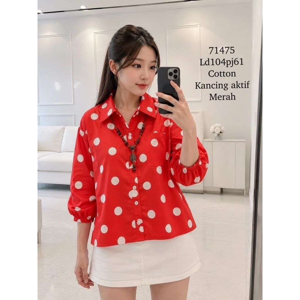 KEMEJA KATUN เสื้อเชิ้ตผู้หญิงลายจุด/เสื้อเชิ้ตผู้หญิงแขนยางยืดสไตล์เกาหลี/เสื้อเชิ้ตผ้าฝ้ายลายจุดอิ