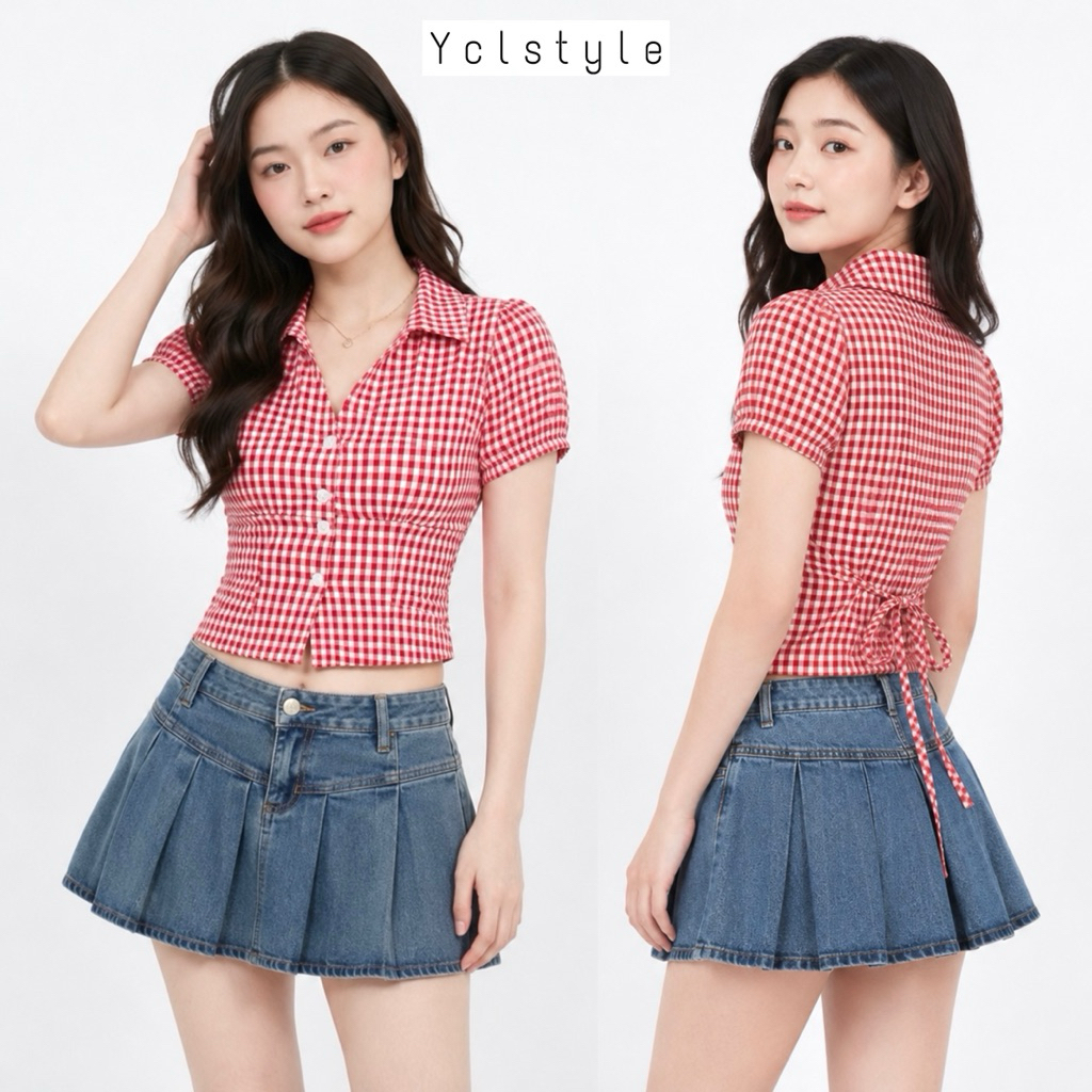 KEMEJA [ycl] Jisoo Gingham Crop Top Vneck Womens Plaid Slim Fit Back Tie Shirt