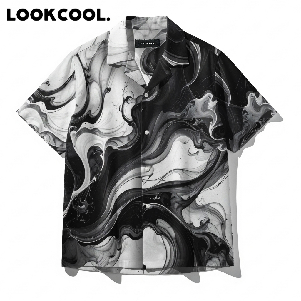 KEMEJA LOOKCOOL Retro Abstract Liquid Smoke Monochrome สีดําสีขาวเสื้อออกแบบเฉพาะและศิลปะพรีเมี่ยมหร