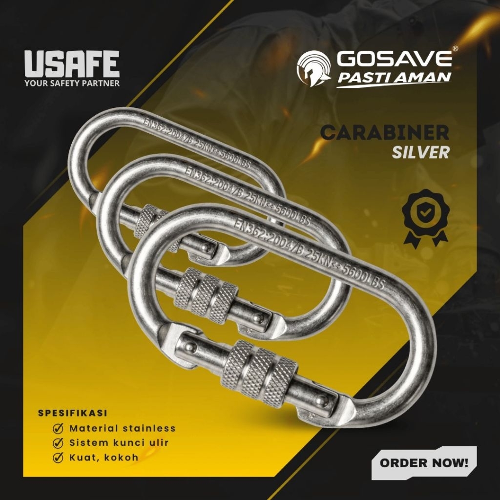 GOSAVE คาราบิเนอร์นิรภัยสแตนเลสพร้อมล็อคเกลียว 25KN EN362