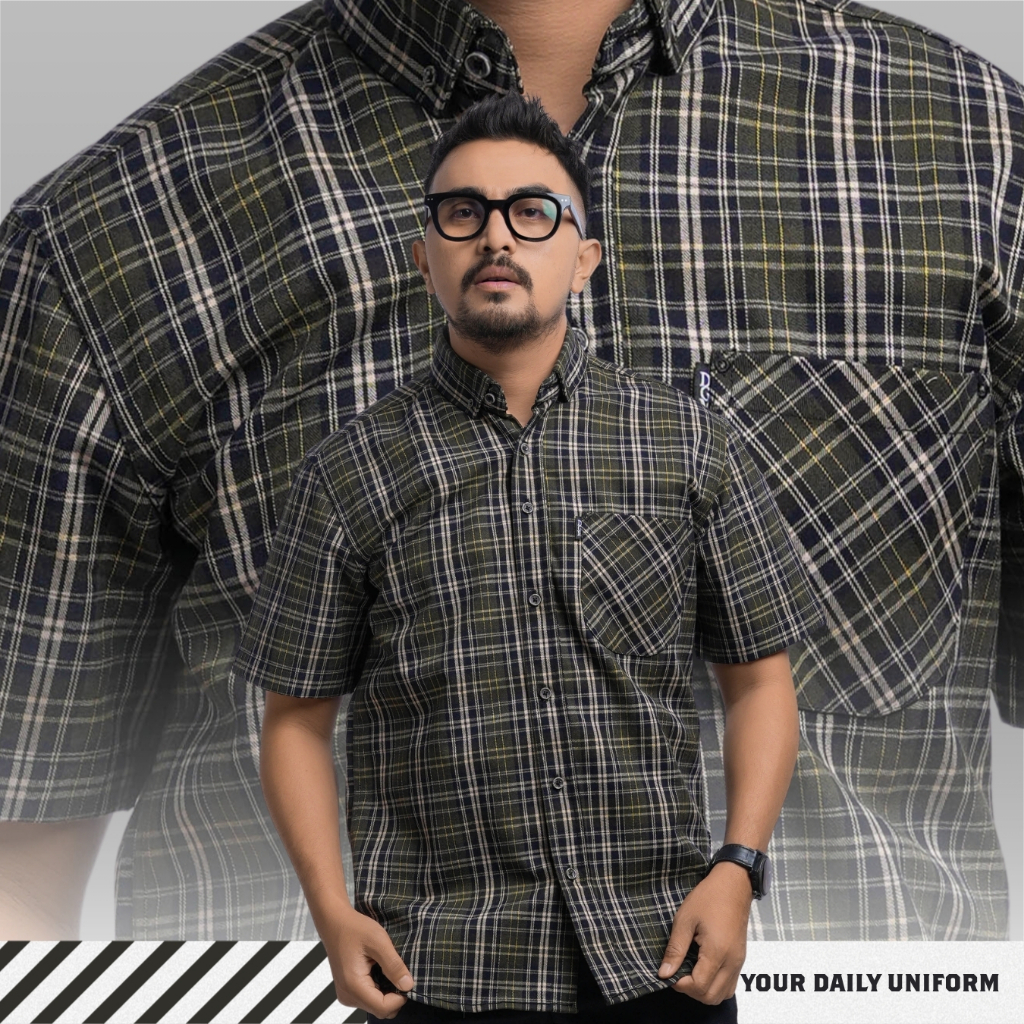 KEMEJA HIJAU DGM Short Shirt Mens Short Flannel Shirt Short Flannel Shirt Mens Flannel Green Black S