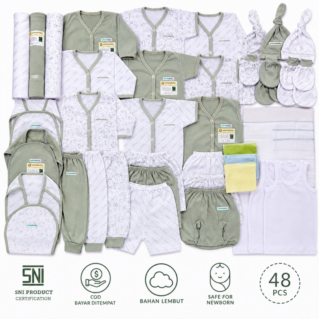 Ummababyshop 48 ชิ้นทารกแรกเกิดเสื้อผ้า SNI ทารกแรกเกิดอุปกรณ์แพคเกจ 0-3 เดือนผ้าเช็ดตัว Swaddle เสื้อยืด Octopus ผ้าอ้อมหมวกถุงมือแขนยาวสั้น Kutung Origami Sage