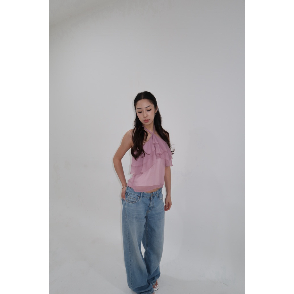 ฟริล ฮาลเตอร์ | Maison Cher Tassel Top Ruffle Tank ชิฟฟ่อน Coquette Basic อย่างเป็นทางการ Casual