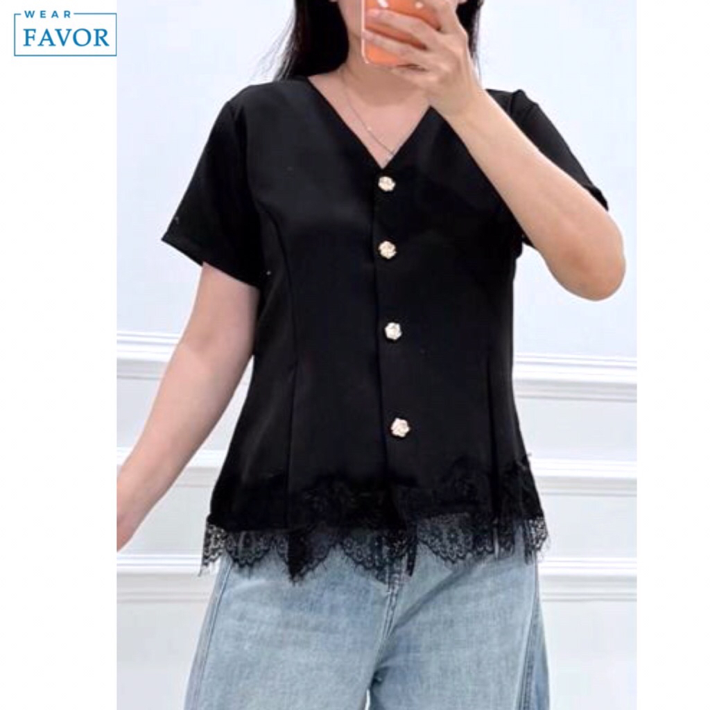 Sleeves V button bottom lace FAVOR แฟชั่นผู้หญิงร่วมสมัย FAVOR