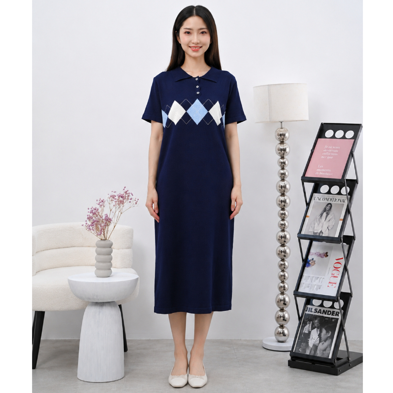 MKY CLOTHING HAEUN KNITTED POLO DRESS WITH ARGYLE MOTIF, SHORT SLEEVES