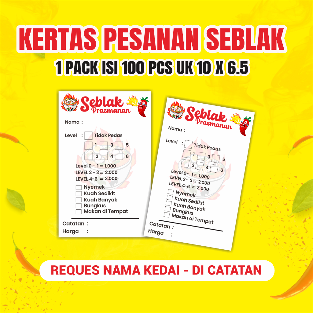 กระดาษการสั่งซื้อบุฟเฟ่ต์ Seblak สามารถปรับแต่งด้วยชื่อร้านเนื้อหา กระดาษ seblak 100 ใบ กระดาษเมนู s