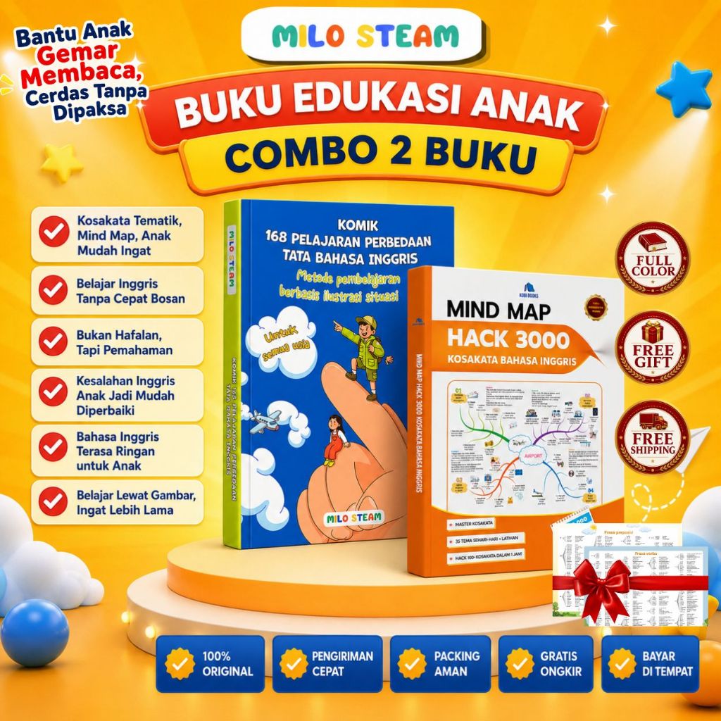 แพคเกจ 2 เล่มการศึกษาสําหรับเด็ก: Mind Map Hack 3000 คําศัพท์ภาษาอังกฤษ, การ์ตูน 168 บทเรียนไวยากรณ์ภาษาอังกฤษ - MiloSteam