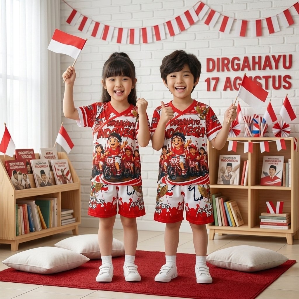 MERAH AUGUST 17TH EDITION - ชุดเจอร์ซีย์ประกาศอิสรภาพของสาธารณรัฐจีนสําหรับ 4-8 ปี / ชุดสีแดงและสีขา