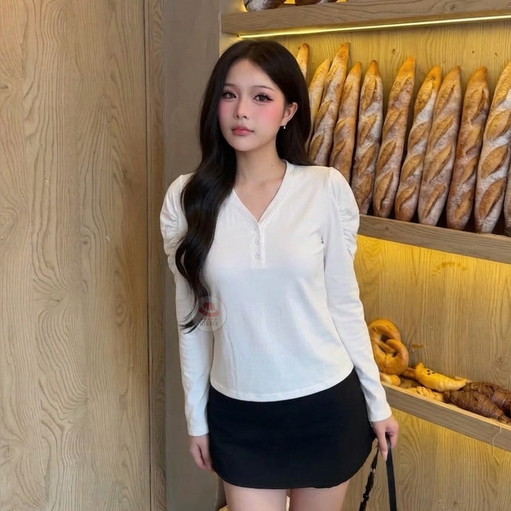 ผู้หญิง Henley V คอพัฟแขน Basic Casual Top | 972