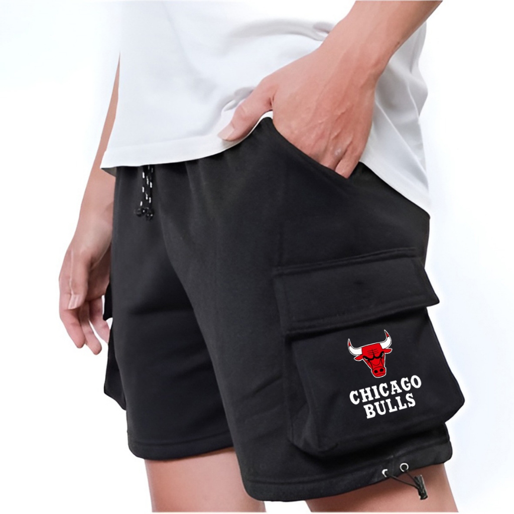CHICAGO BULLS Cargo Shorts กางเกงสีดําสุดเท่มีกระเป๋าสองข้าง