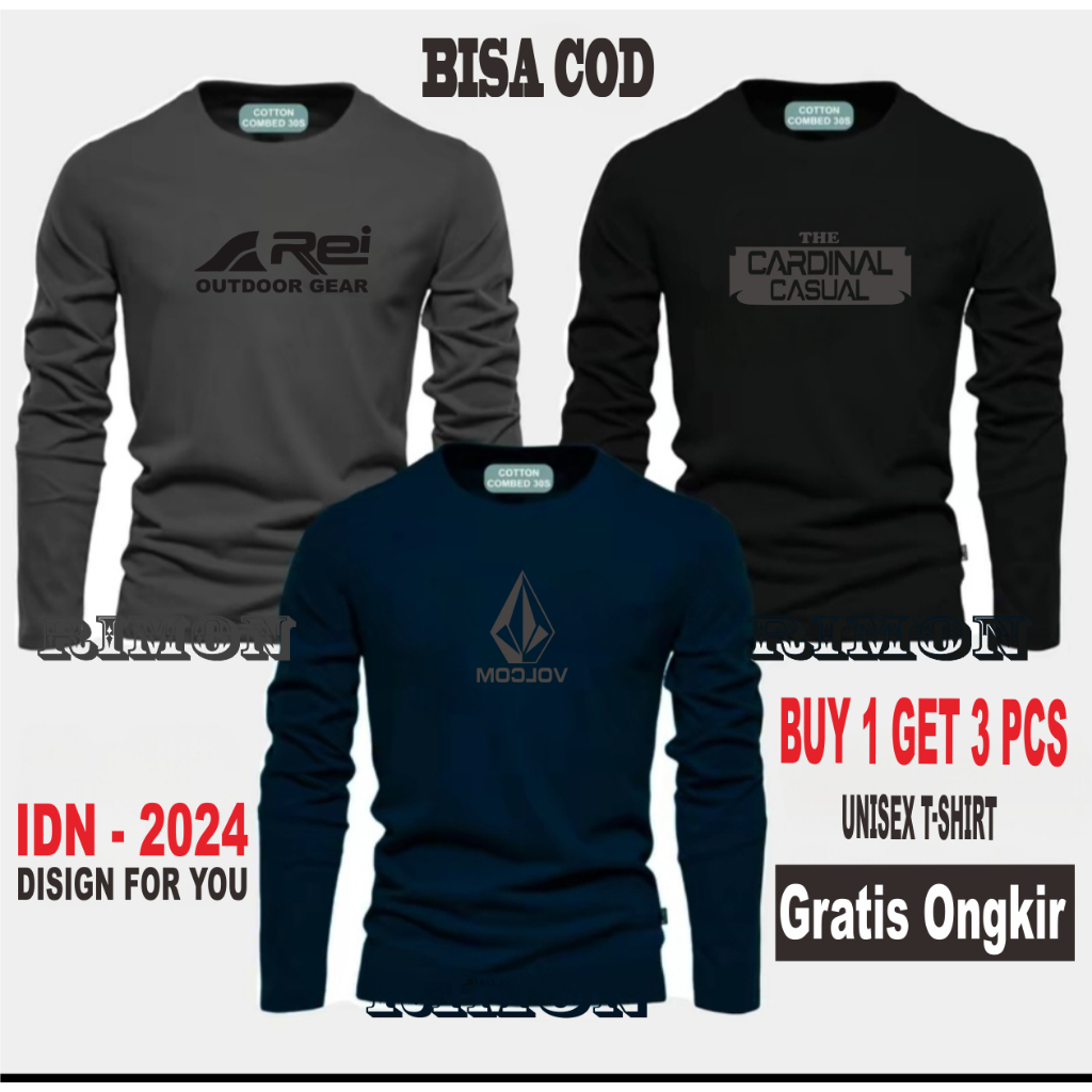 ซื้อ 1 แถม 3 ชิ้น เสื้อยืดแขนยาวพรีเมี่ยม Distro พร้อมโลโก้ Volkom Rei The Card Casual PJ พิมพ์เสื้อ