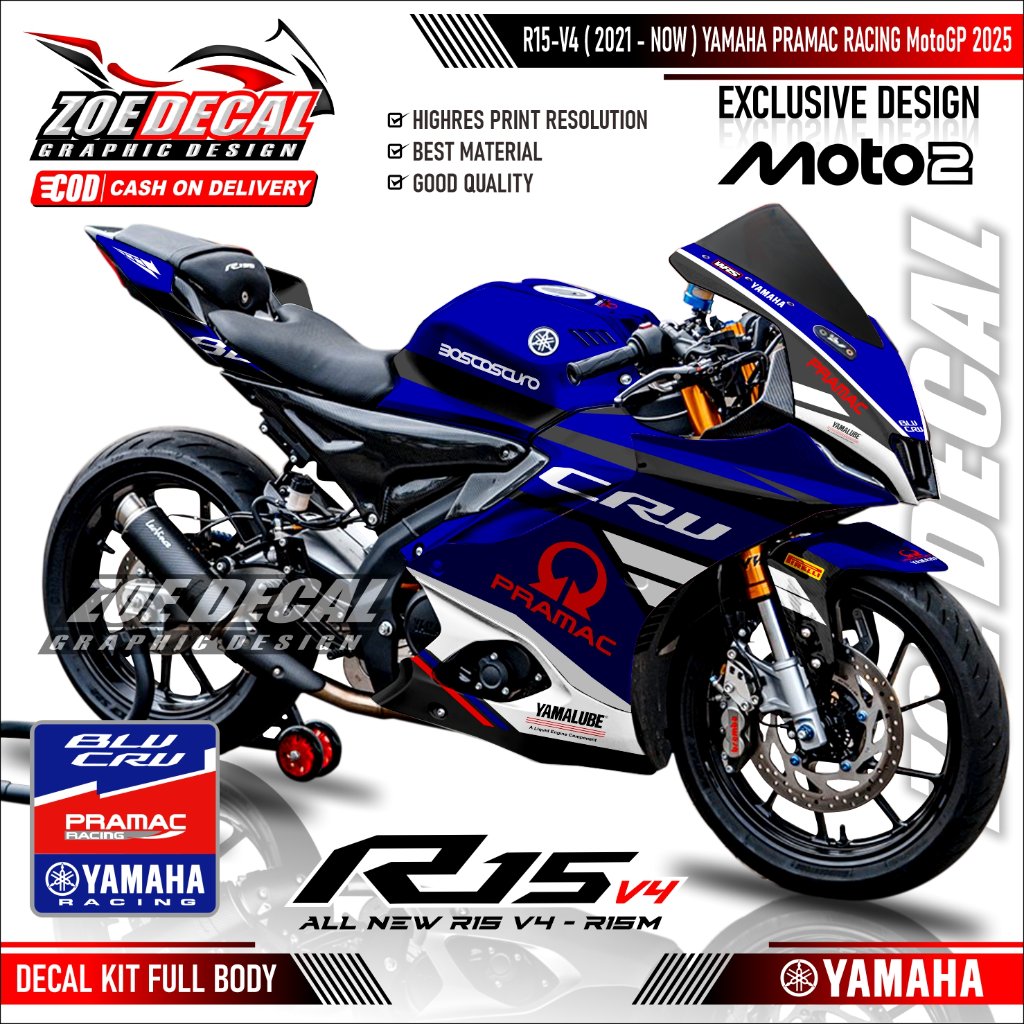 ล่าสุด Full Body Decal สติกเกอร์ YAMAHA R15 V4 / R15 M V4 / R125 Livery BLU CRU PRAMAC Moto2 MGP 202