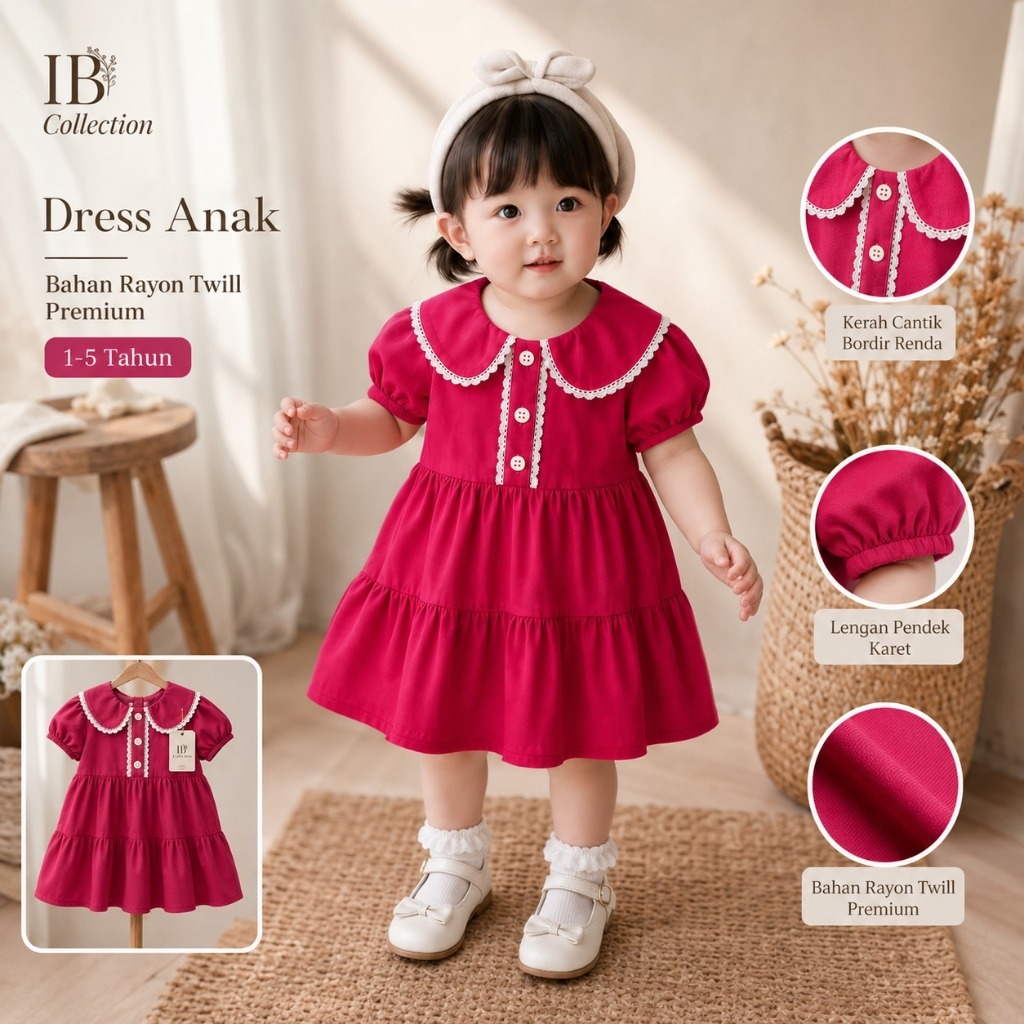 IB COLLECTION ชุดเดรสเด็กผู้หญิง 1-5 ปีแขนสั้นลูกไม้คอปกรุ่น A-Line