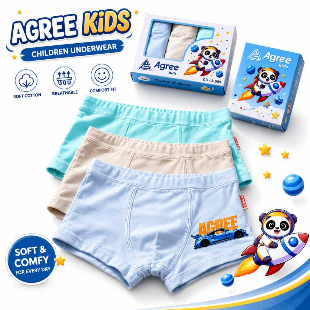 (3pc) บ็อกเซอร์ Agree Kids A 509 | กางเกงบ็อกเซอร์เด็กชาย Super Soft - Kshop
