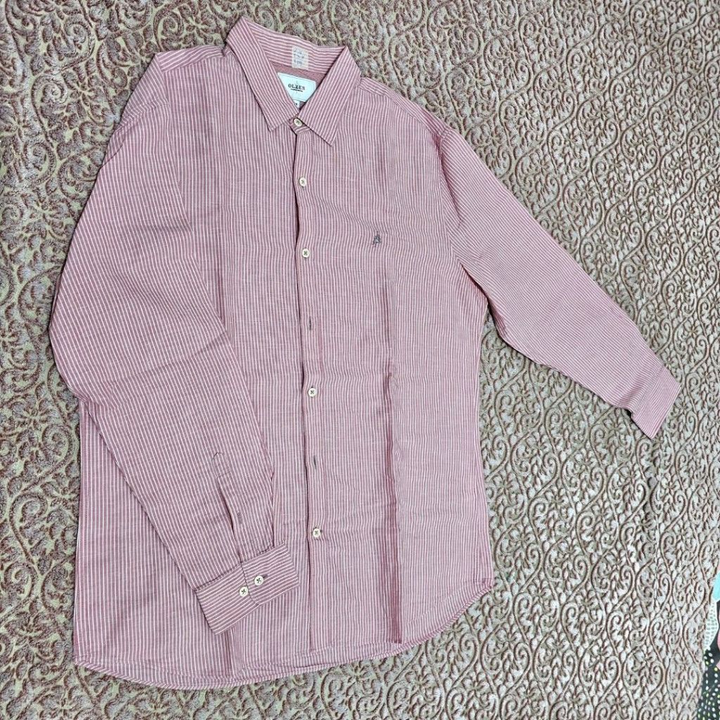 KEMEJA Original OLZEN เสื้อเชิ้ตลายสีชมพู 110