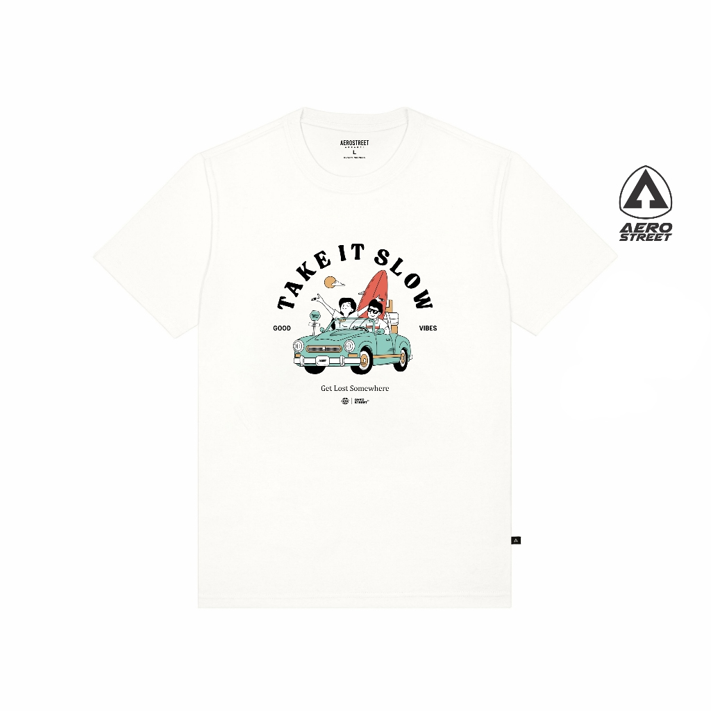 เสื้อยืดสีขาว AERO STREET Print TAKE IT SLOW Get Lost Somewhere Short Sleeve