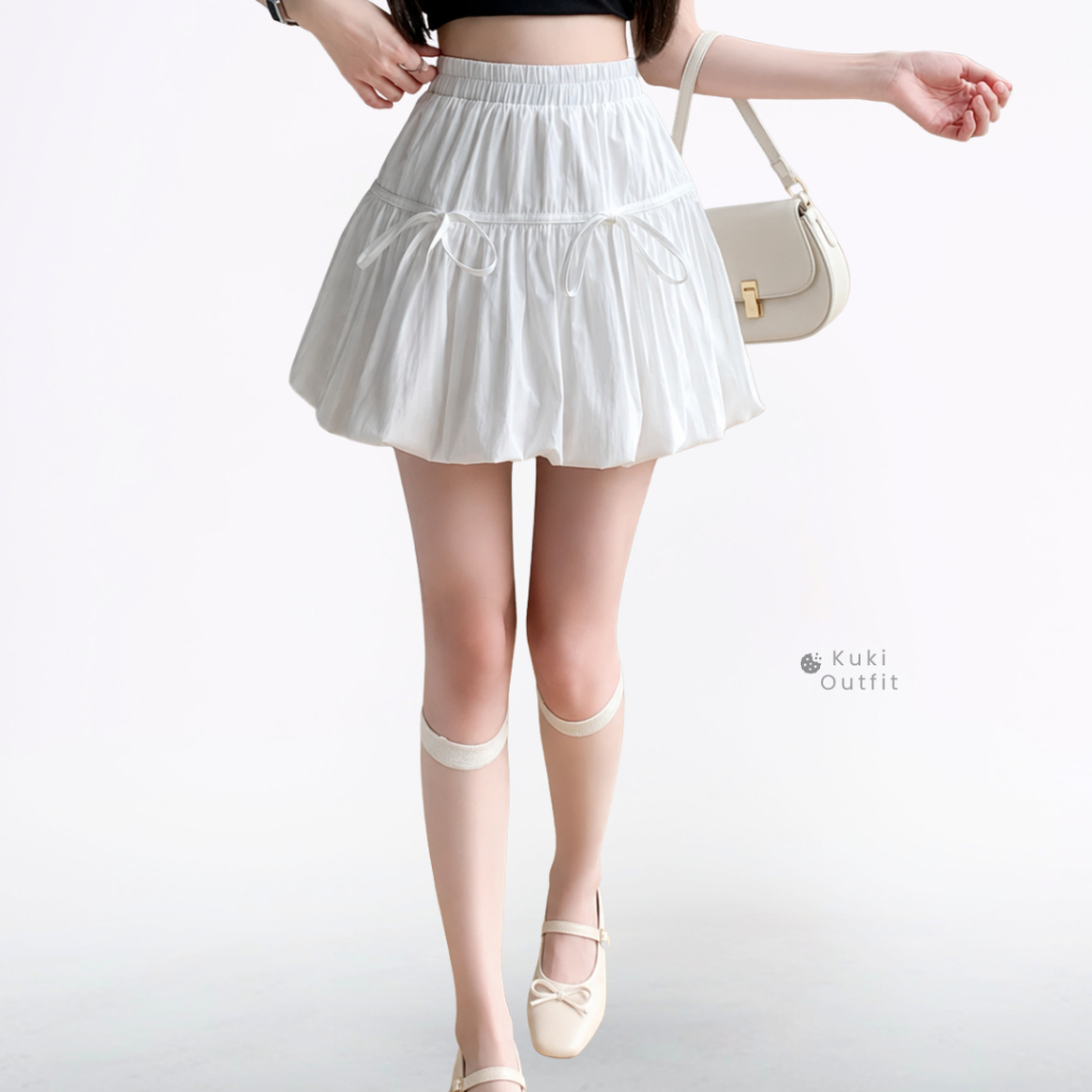 KUKI OUTFIT - กระโปรงสั้นบอลลูน กระโปรงบอลลูนผ้าฝ้าย มีซับในกางเกงมะเขือเทศ