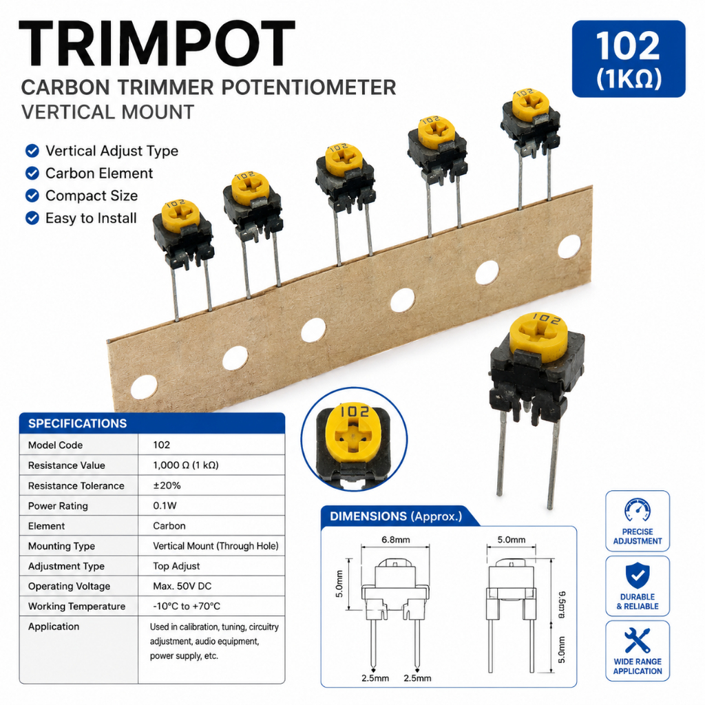 Trimpot 102 1000 Ohm 1K Ohm Trimmer Variable Vertical Resistor - ขา 2 ขา - ต้นฉบับญี่ปุ่น