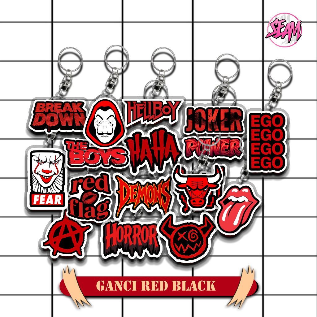 RED BLACK ใหม่ล่าสุดพวงกุญแจ VIRAL RED BLACK KEYCHAIN EGO RED FLAG HORROR ROLLING STONE HAHA HELLBOY