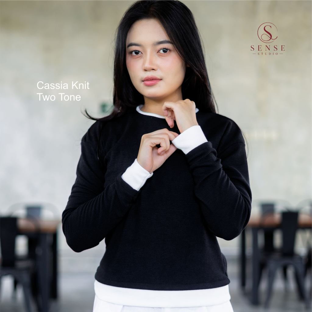 Sense Studio Cassia Knit Two Tone Premium Women | เสื้อถักผู้หญิงสํานักงานลําลองสไตล์เกาหลี