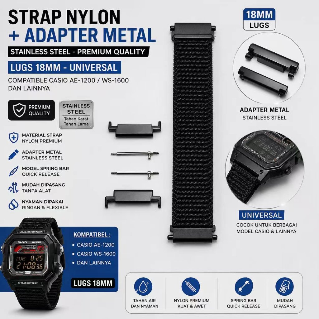 18 มม.สายนาฬิกาสําหรับ Casio F91W/Casio ws-1600 AE-1300/ AE-1200/AE-1000/F-108/W-217H/W-218H/A158W/ 
