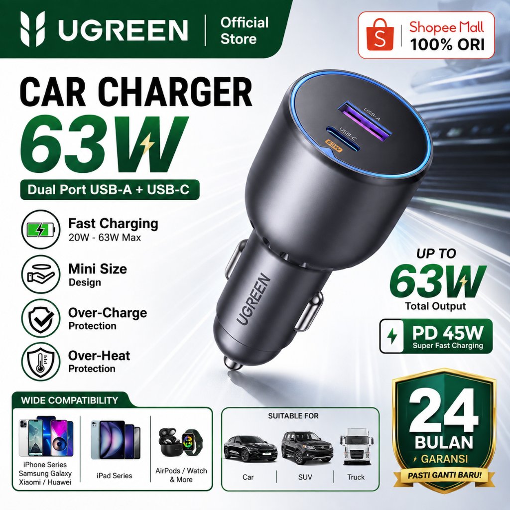 UGREEN Car Charger Fast Charging Dual Port USB-C & USB-A 63W - รับประกัน 24 เดือน