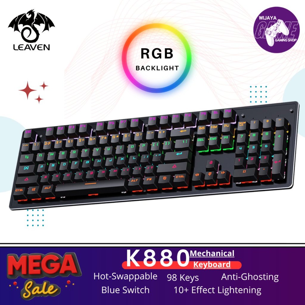 LEAVEN K880 98 คีย์ RGB คีย์บอร์ดแบบกลไก Hot Swappable Blue Switch Anti Ghosting Gaming Keyboard