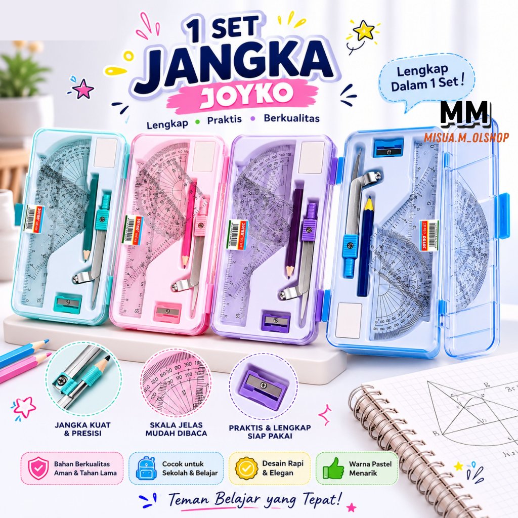 1 ชุด JOYKO MS-82 MATH SET RULER, DEGREE ARC, TRIANGLE RULER, PENCIL SHARPENER