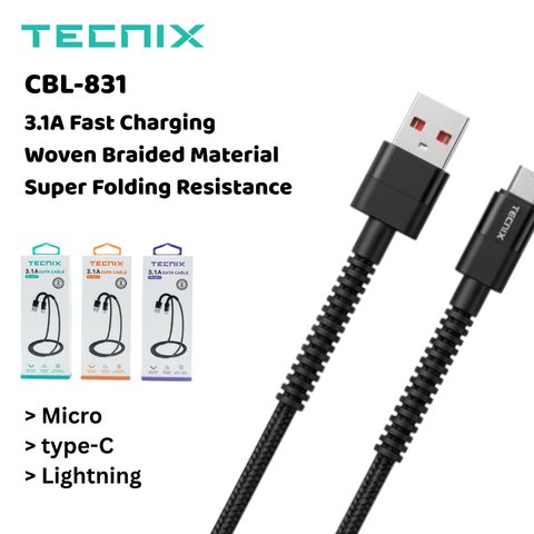 TECNIX CBL-831-M/C/I Micro Type-C & Lightning Nylon Coated 3.1A Fast Charging สําหรับ iPhone Android