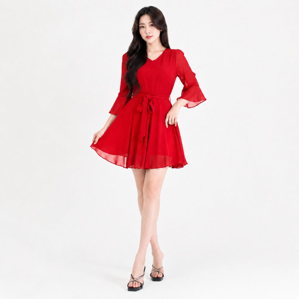 ชุดเดรสผ้าชีฟอง Midi สไตล์เกาหลีล่าสุด - Jfashion Voni