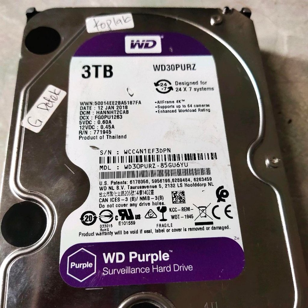 WD Purple HDD 3TB WD30PURZ สภาพเสียหายไม่มีการกําจัดซีลไม่มีการรับประกัน
