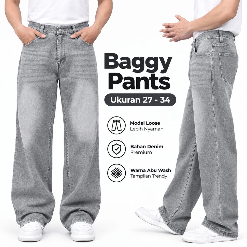กางเกง Baggy ผู้ชายสไตล์เกาหลี Oversize กางเกงยีนส์สีน้ําเงินหลวม Baggy Regular Fit Premium