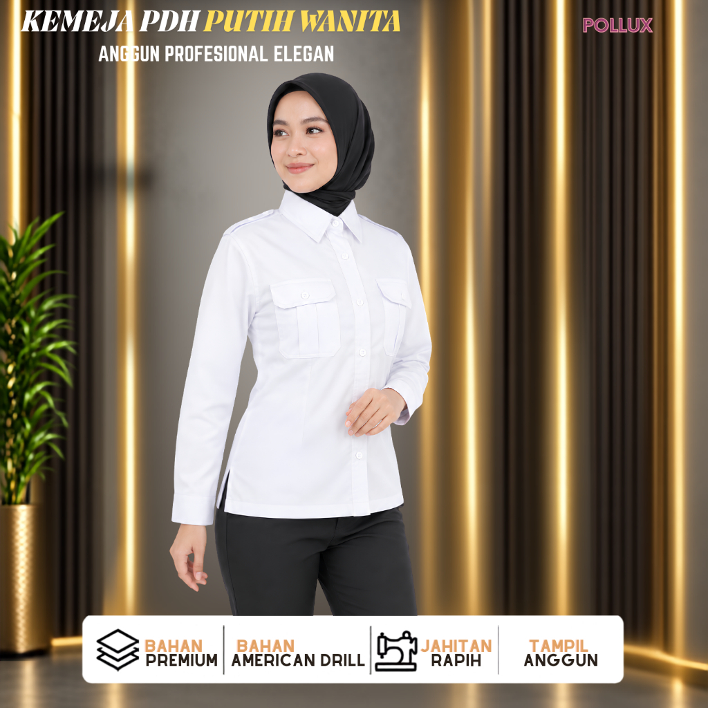 KEMEJA เสื้อ PDH สีขาวผู้หญิงพร้อมคอปกเสื้อเบลเซอร์คอวี, ชุดสํานักงาน ASN สืบทอดแพ่ง, POLLUX