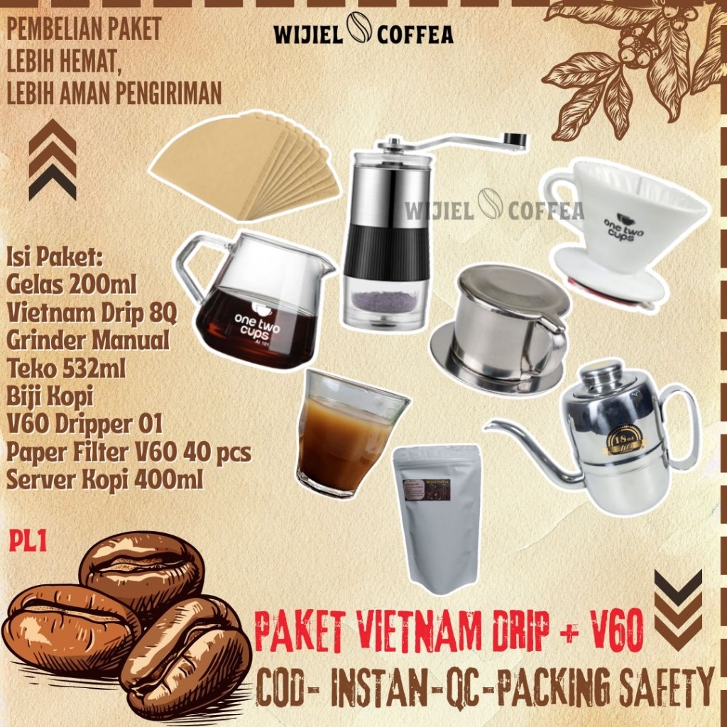 V60 COFFEE FILTER PACKAGE + STAINLESS MANUAL GRINDER + COFFEE KERVER + COFFEE BEANS + V60 COFFEE PAP