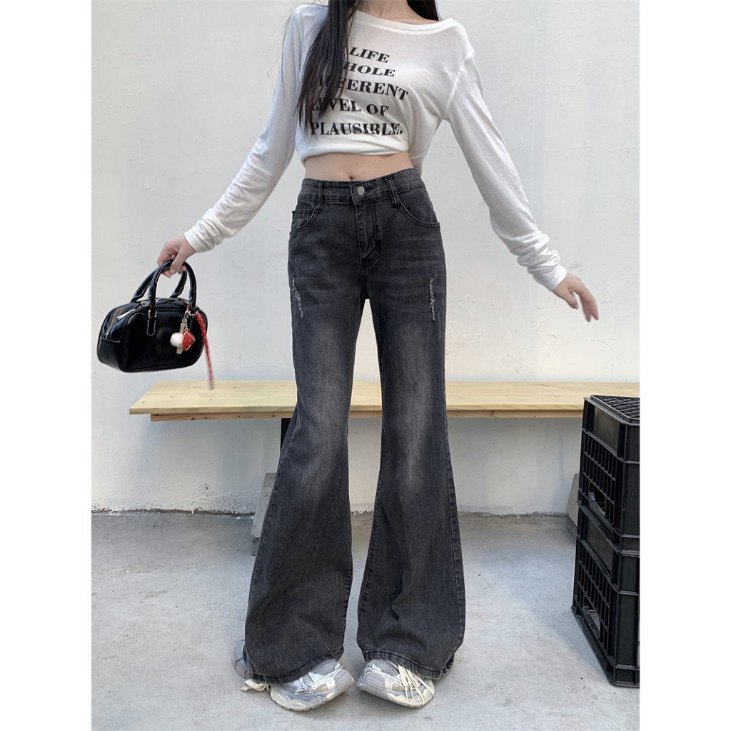 YOYO - Black Grey Cutbray Jeans Stretched Womens Highwaist Jeans Womens Ripped Wide-Leg pants Premiu
