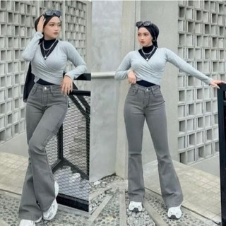 Celana Jeans Cutbray Highwaist Wanita Loose kekinian - Celana Highwaist Jeans Cutbray Flared Streetch Premium Quality
