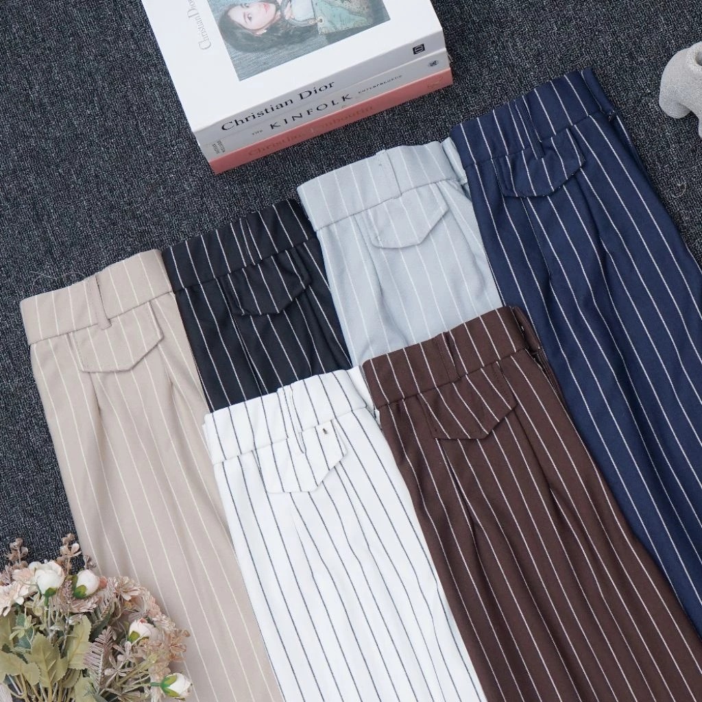 Oro Pants Stripe Bangkok - Womens Highwaist Loose Stripe Culottes Pants Anti-Wrinkle