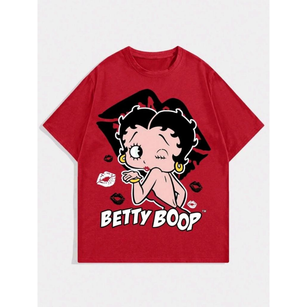 ROMWE MEN Betty Boop | ROMWE เสื้อยืดแขนสั้นคอกลมสีแดงการ์ตูนและตัวอักษรกราฟิกสําหรับผู้ชาย