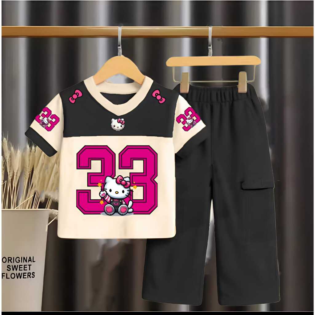 NEWEST GIRLS CARGO PANTS SET AGES 2-12 ปี // ONE SET OF LONG CARGO PANTS, SHORT T-SHIRT 33 VIRAL