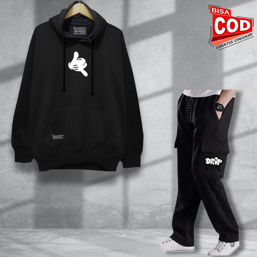 Oneset Hoodie และกางเกงขายาวสําหรับผู้ชายและผู้หญิง Distro Drip Motif เสื้อกันหนาวและ Cargo ชุดหนาขน