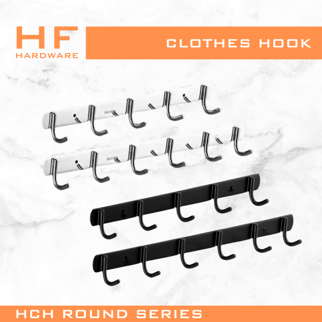 GANTUNGAN HF HARDWARE HCH Kapstok SS Cloth Hooks ไม้แขวนเสื้อ 5 ตะขอและ 6 ตะขอ Chrome และสีดํา