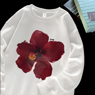 LYBH Cotton Longsleeve Loose Tee Premium Cotton | Kaos Lengan Panjang Wanita | Print HIbiscus Flower | Baju Atasan Wanita Kaos Oversize Wanita Putih