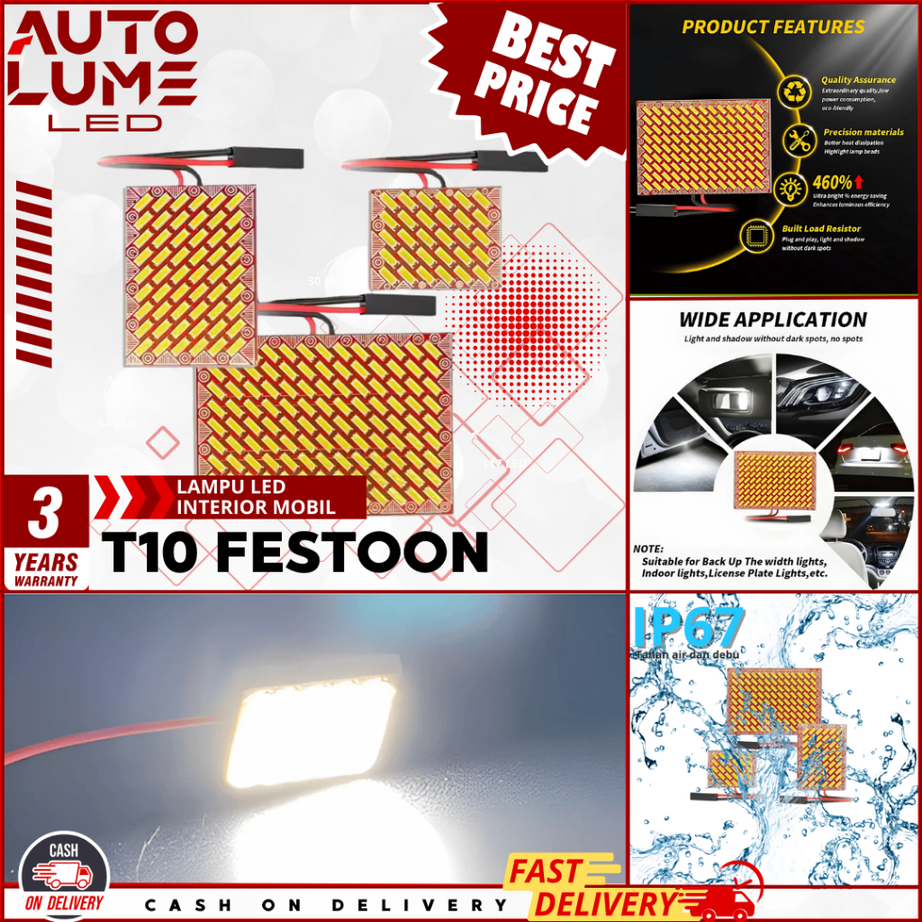 MERAH T10 Festoon 54/117 ไฟ LED ภายในรถ - ไฟเพดานสีแดง - รับประกัน 3 ปี