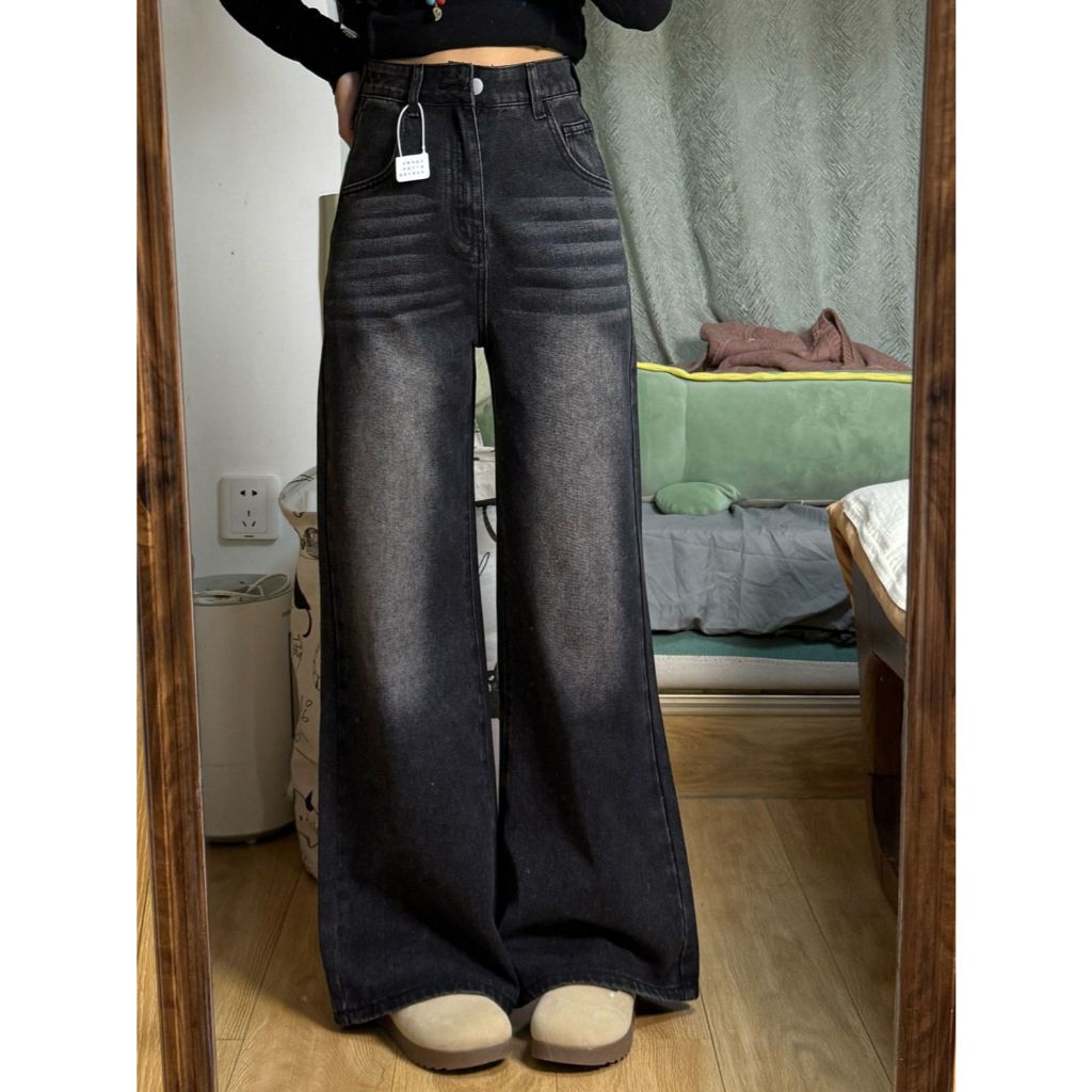YOYO - กางเกงยีนส์เอวสูง Culottes Loose Jeans Premium Black Grey Womens Baggy Jeans Pants