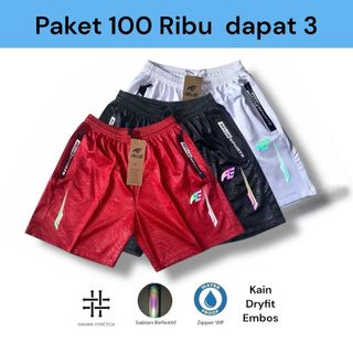 Paket 100 ribu dapat 3pc Celana pendek running pria gym jogging volly misty elastis tebal hitam