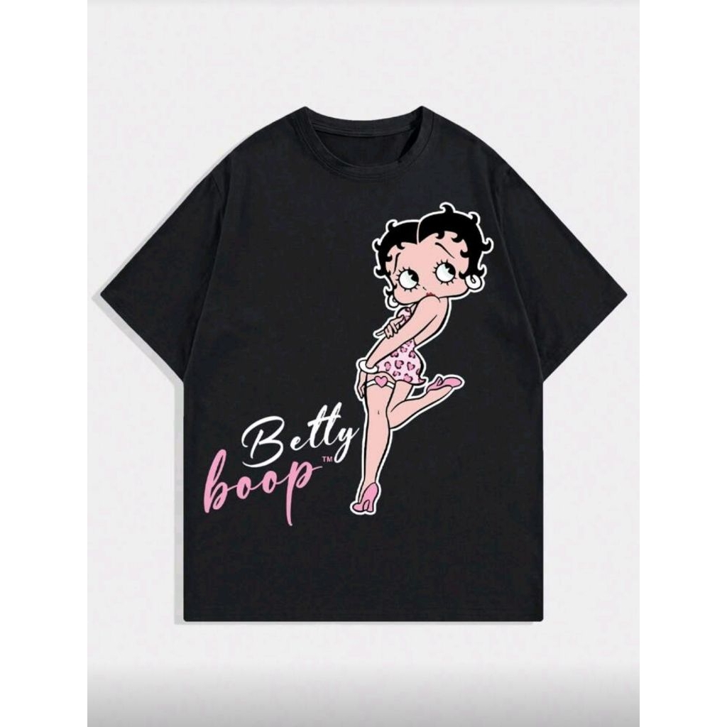 ROMWE MEN Betty Boop | ROMWE เสื้อยืดแขนสั้นคอกลมลายการ์ตูนและตัวอักษรกราฟิกสําหรับผู้ชายสีดํา