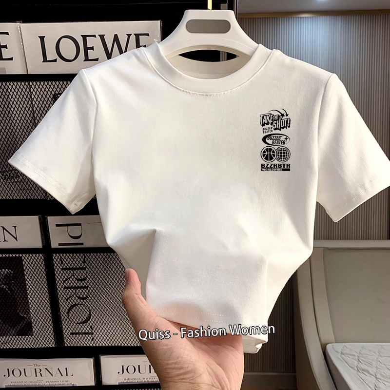 KEMEJA Quiss ผู้หญิงสั้นบาง RSE เสื้อยืดเสื้อสั้นสไตล์เกาหลีรอบคอ Basic สีทึบแขนสั้นเสื้อลาย